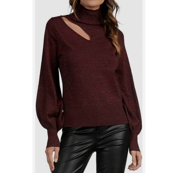 Elan Burgundy Metallic Cut Out Turtleneck Long Sleeve Sweater Knit Pullover Sz S - Picture 1 of 9
